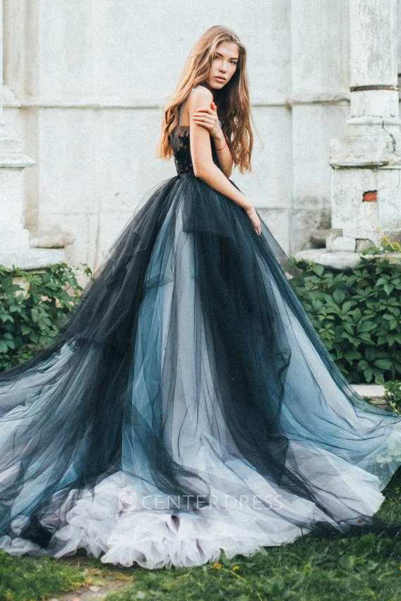 Gothic Black and Grey Bohemian Lace Tulle Wedding Dress Unique Elegant Beach Country Forest V-Neck Sleeveless Bridal Gown with Train and Appliques