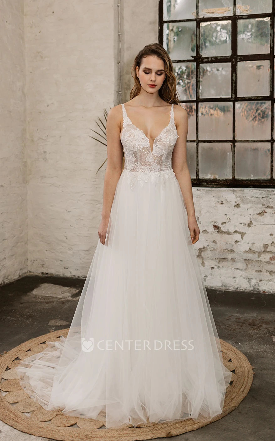 A-Line Ethereal Spaghetti Wedding Dress Straps Bohemian Tulle Lace Applique Backless