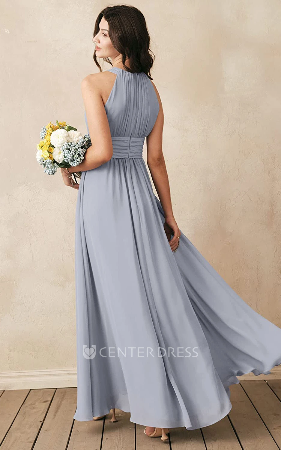 Modern Chiffon Ankle-length Halter A Line Sleeveless Bridesmaid Dress With Ruching