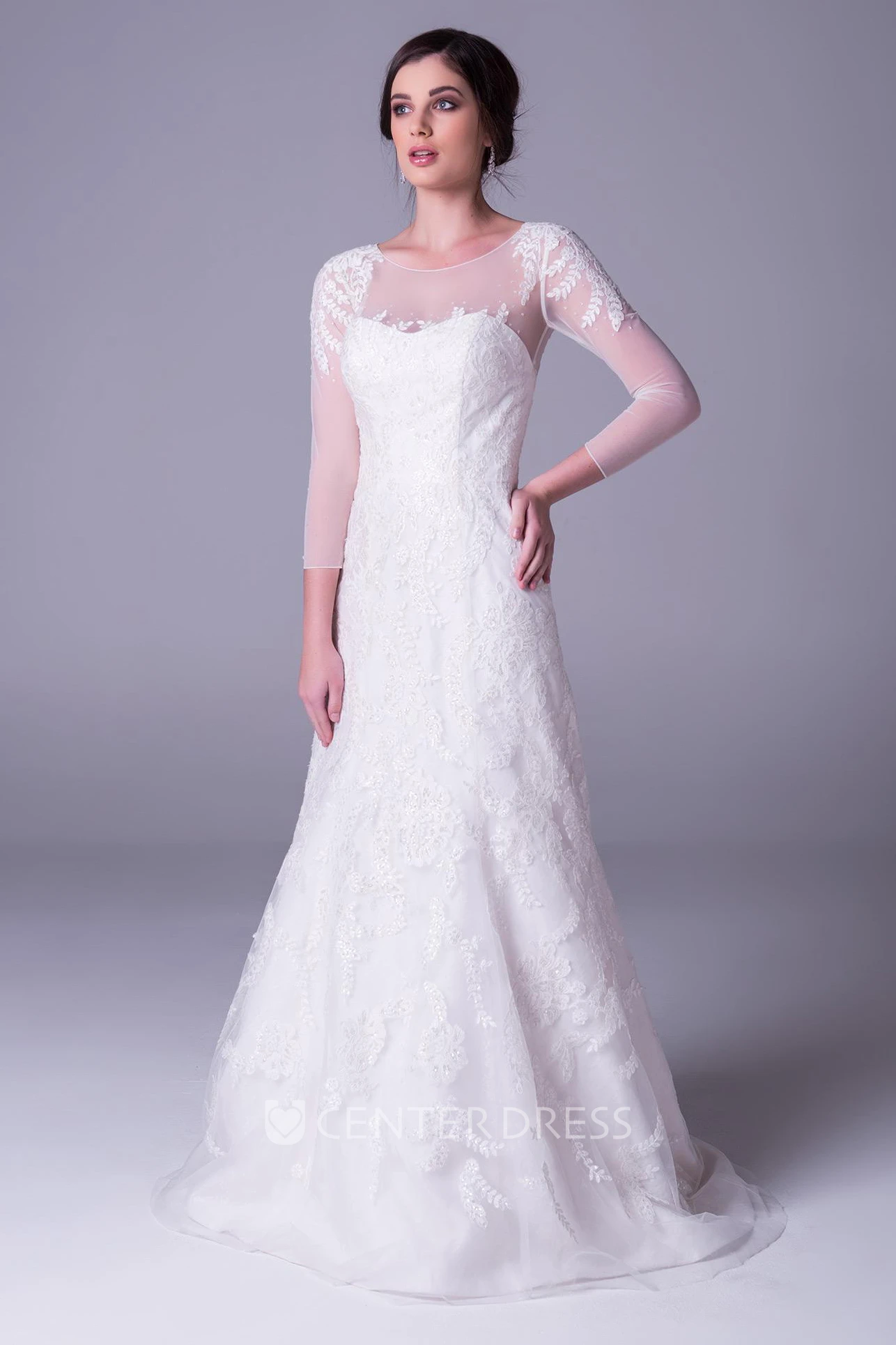 Floor-Length Scoop Appliqued 3-4-Sleeve Lace Wedding Dress