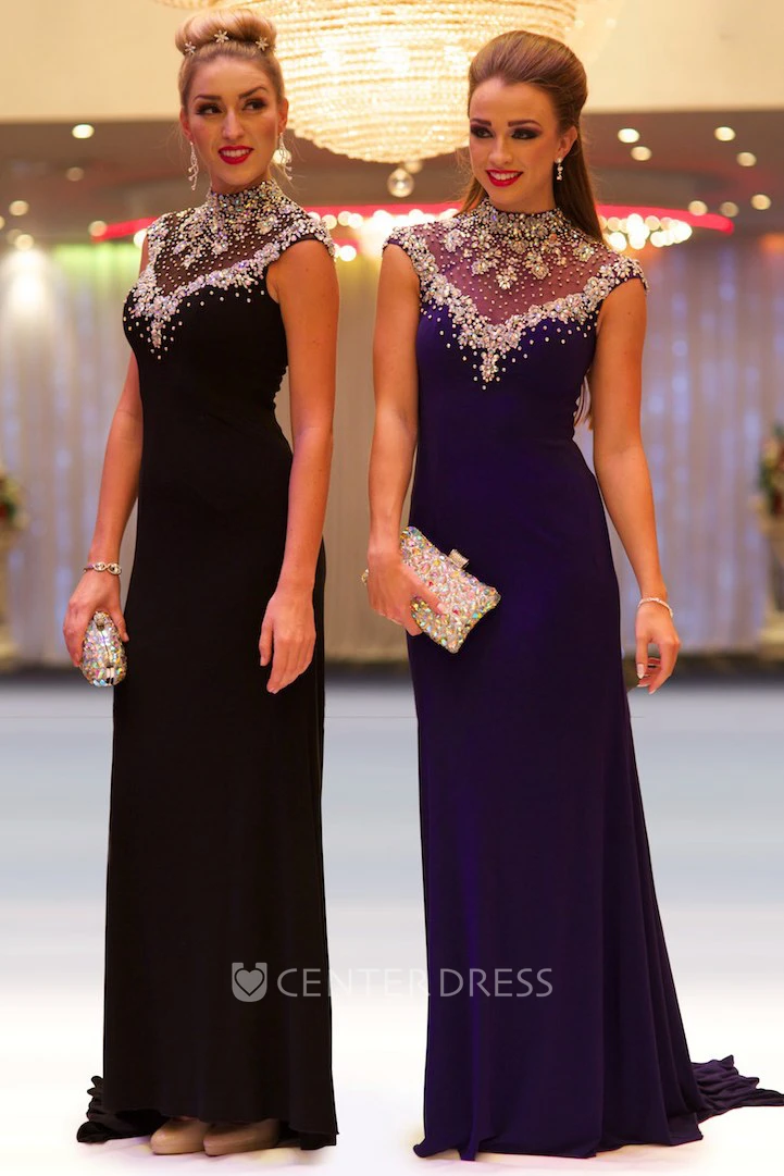 Sheath Cap-Sleeve Beaded Floor-Length High-Neck Jersey Prom Dress