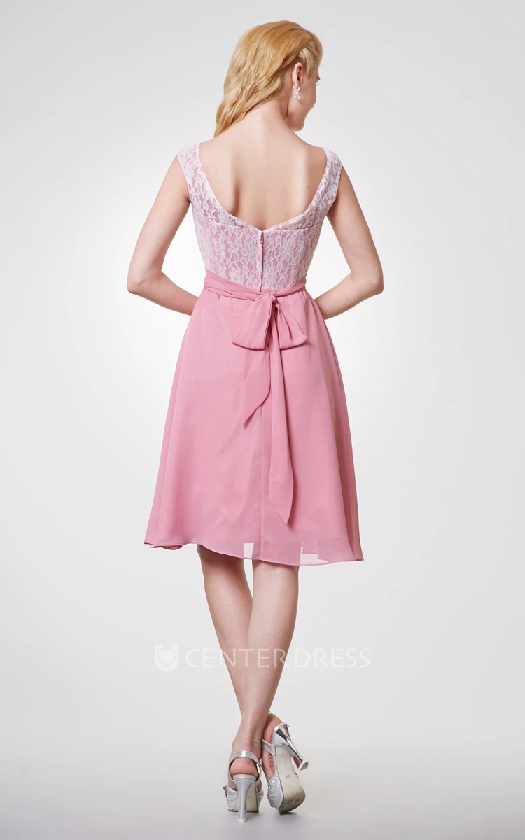Bateau Lace Cap-sleeved A-line Short Dress With Chiffon Skirt