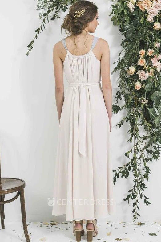 Ankle-Length Sleeveless Strapped Ribboned Chiffon Bridesmaid Dress