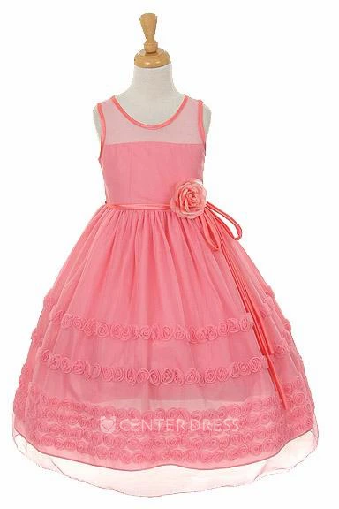Tea-Length Embroideried Floral Tiered Flower Girl Dress With Sash