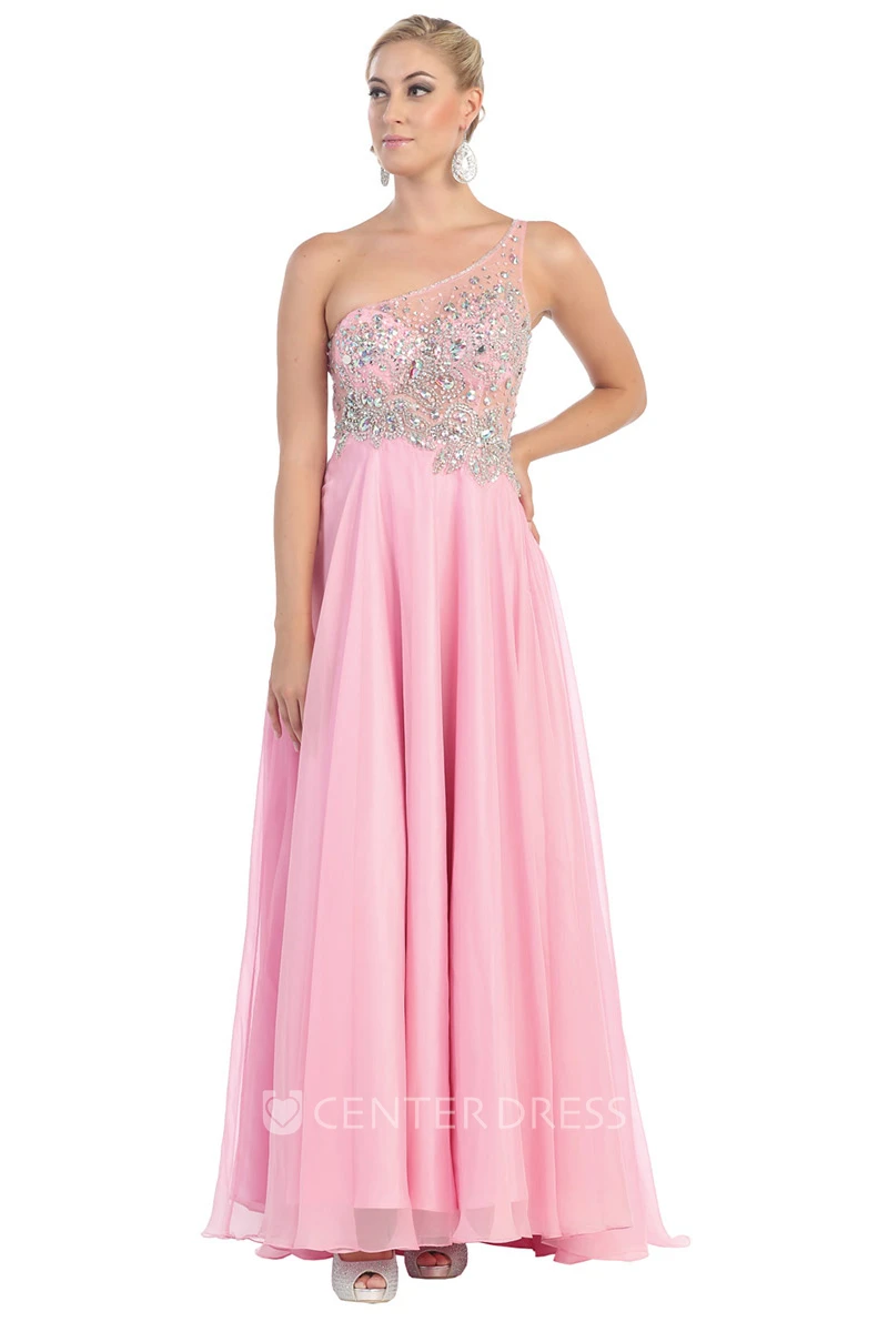 A-Line One-Shoulder Sleeveless Tulle Illusion Dress With Beading And Pleats