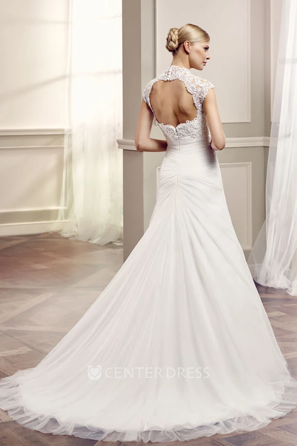 A-Line Side-Draped Long Cap-Sleeve Lace Wedding Dress With Keyhole Back And Appliques