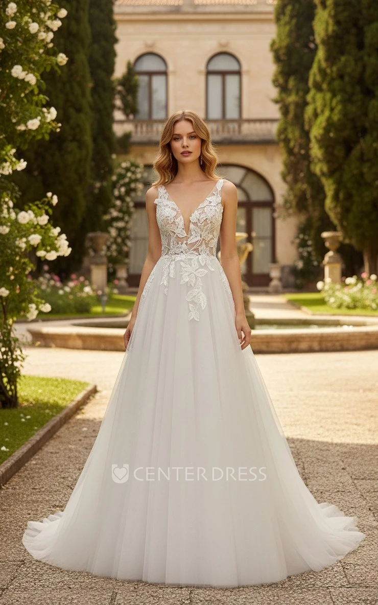 Modern Beach Lace A-Line Sleeveless Wedding Dress Floral Country V-Neck Tulle Bridal Gown