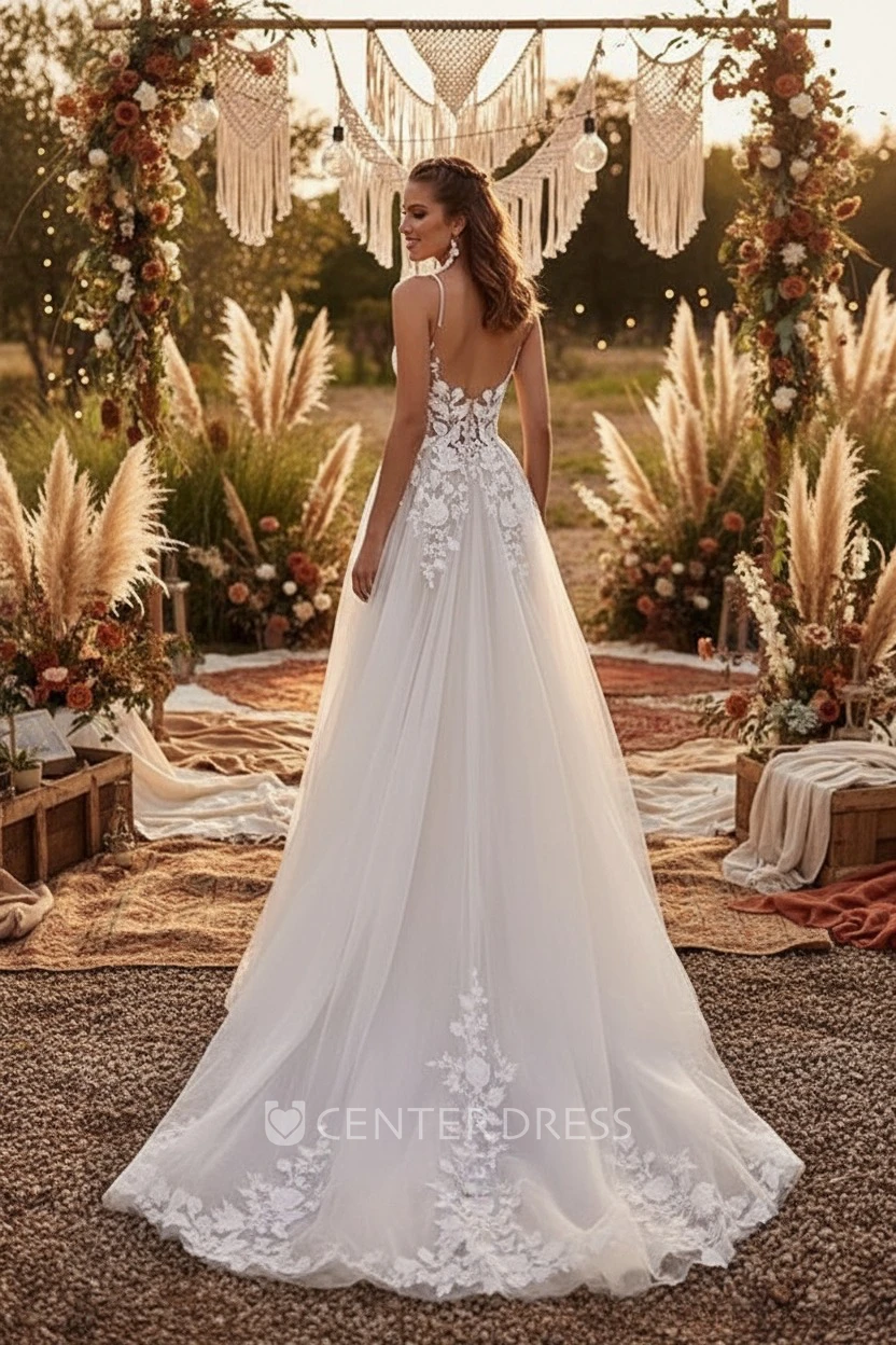 Sexy Romantic Spaghetti Plunging Neckline A-Line Lace Flowers Tulle Spring Wedding Dress Elegant Ethereal Sleeveless Floor-length Deep-V Back Garden Bridal Gown with Train