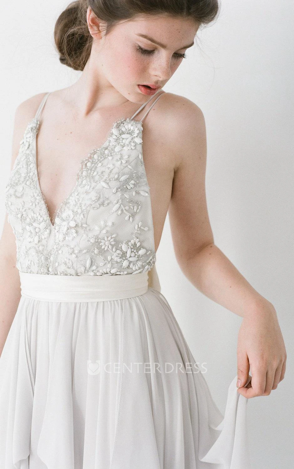 Romantic Double Strap Long A-Line Chiffon Wedding Dress With Beading