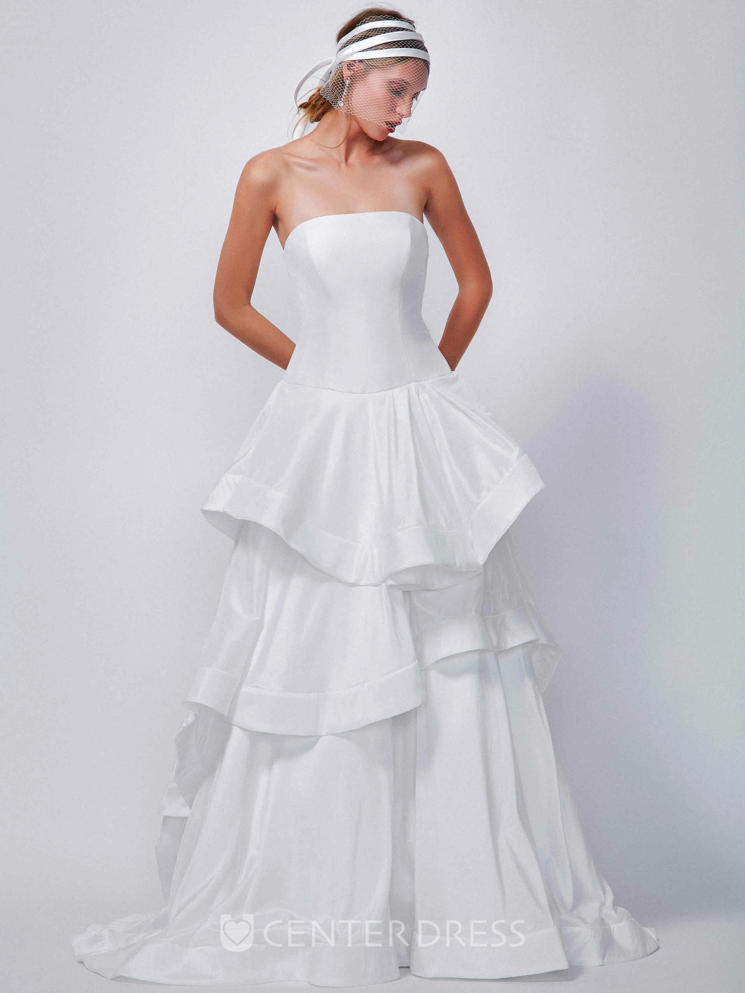 A-Line Floor-Length Strapless Sleeveless Tiered Satin Wedding Dress