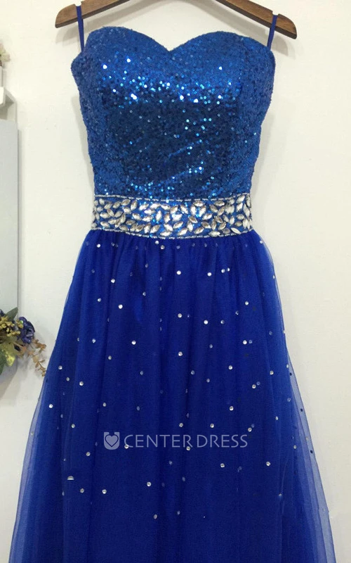 A-line Maxi Sweetheart Tulle Dress With Beading And Sequins