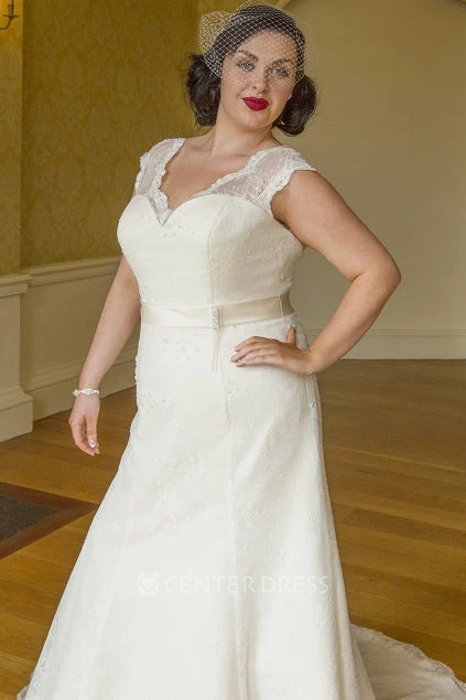 Scalloped V Neck Cap Sleeve Lace Bridal Gown With Satin Sash