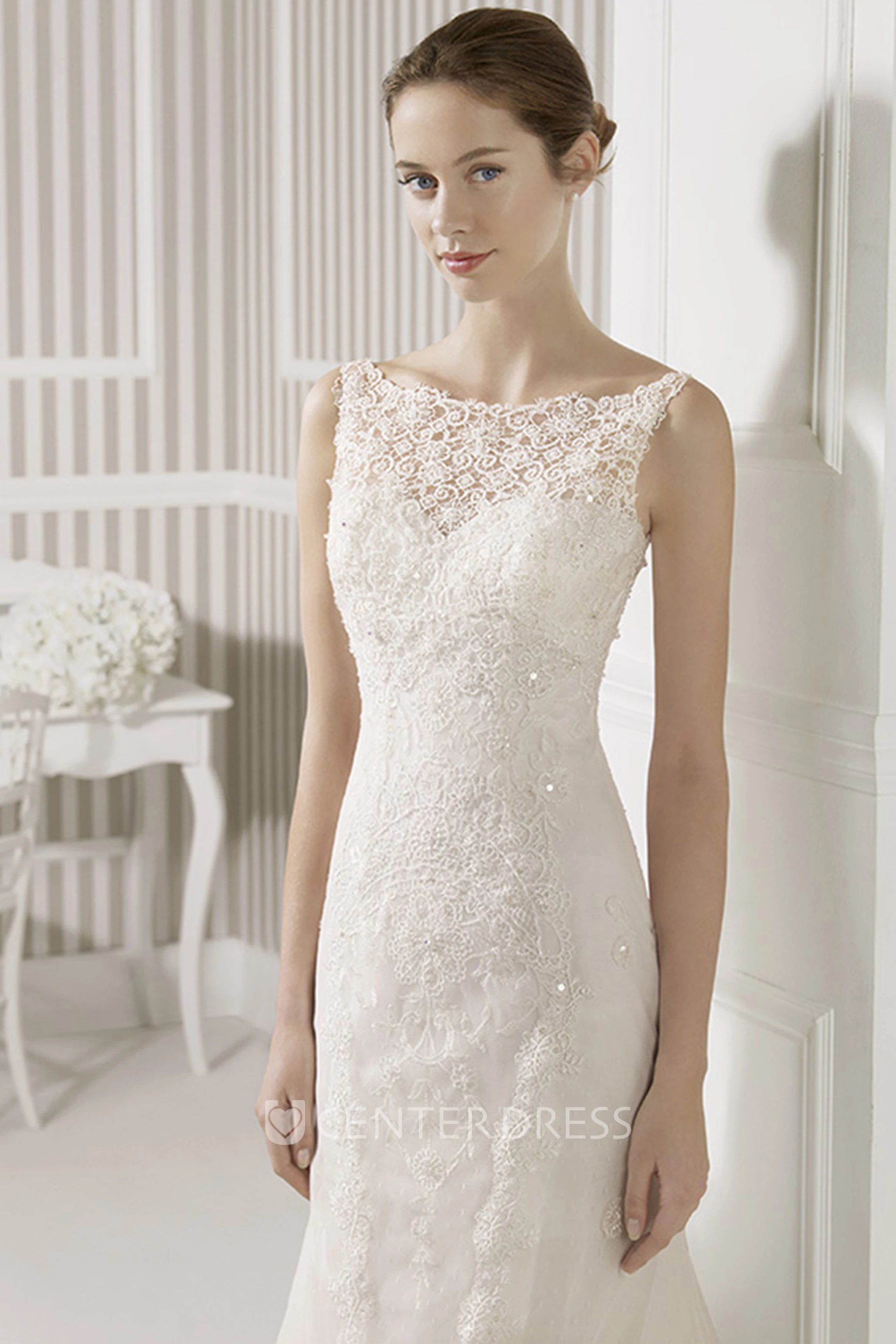 Sheath Long Sleeveless Bateau Lace Wedding Dress With Court Train And Illusion Back