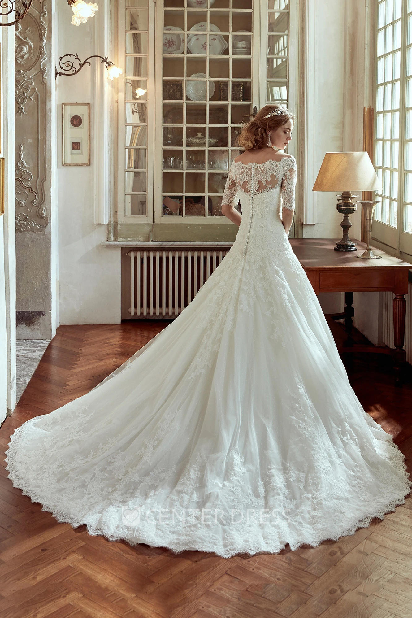 Off-shoulder A-line Wedding Dress with Half Sleeves and Court Train 