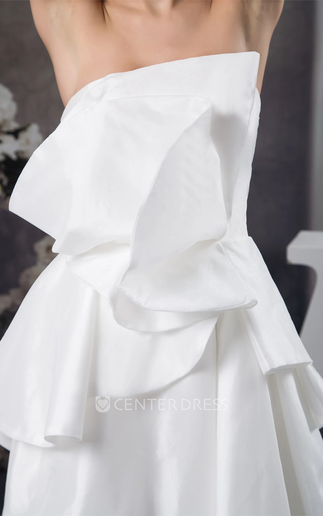 Modern Strapless High-Low Satin Prom Gown with Draped Design