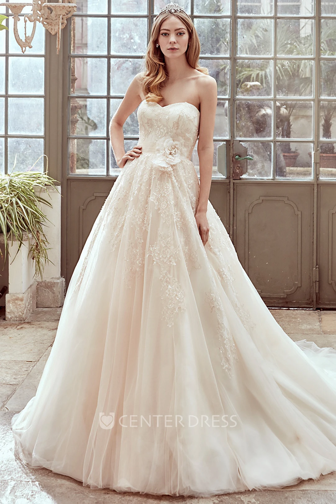 Sweetheart A-Line Gown With Side Floral Waist And Beaded Appliques