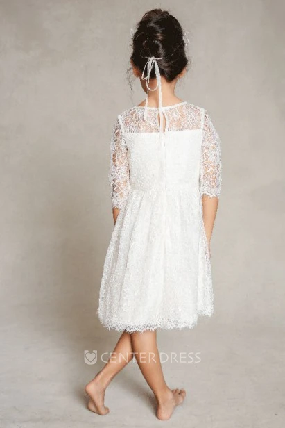 A-Line Floor-Length Half-Sleeve Scoop-Neck Lace Flower Girl Dress