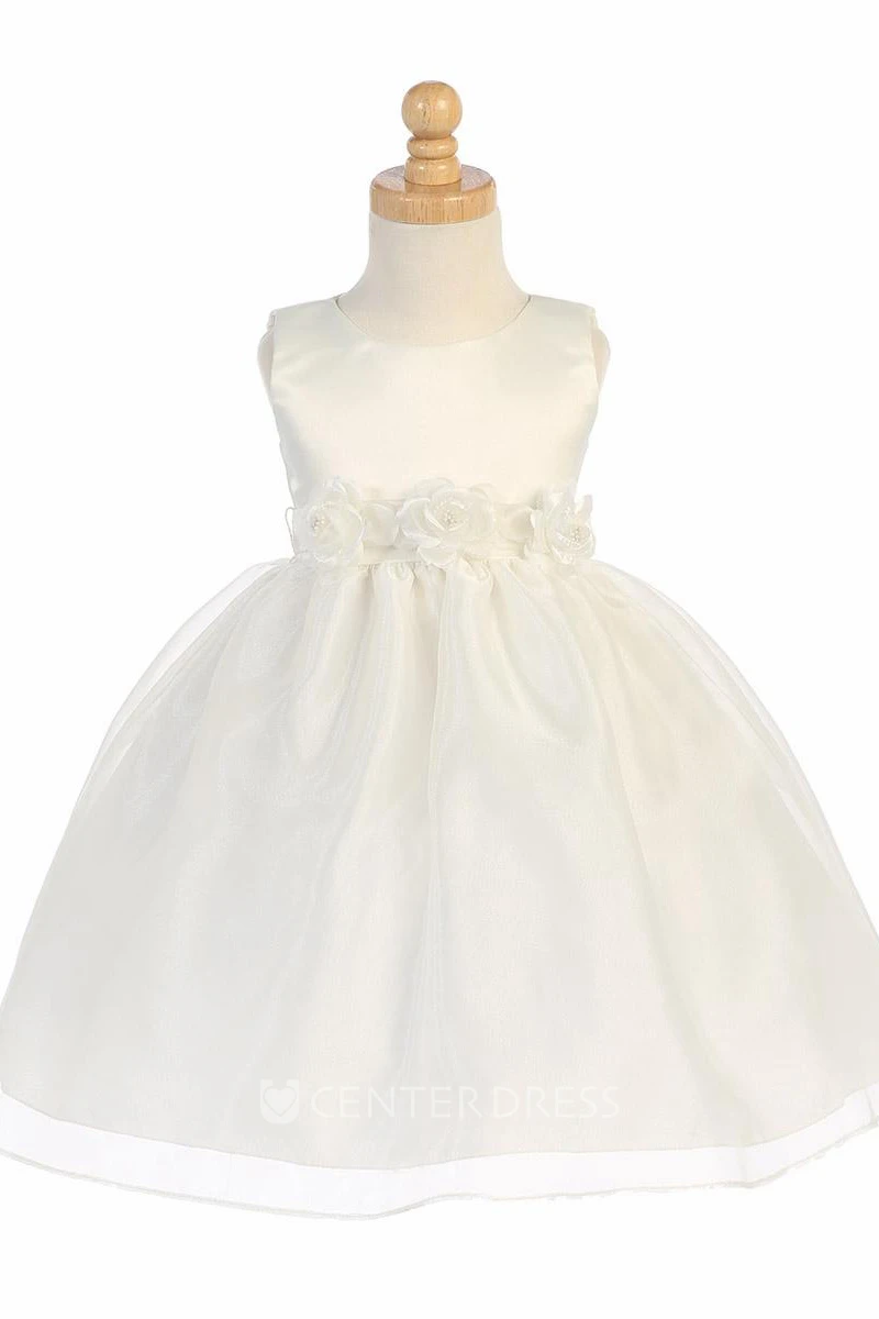 Tea-Length Tiered Sleeveless Organza&Satin Flower Girl Dress