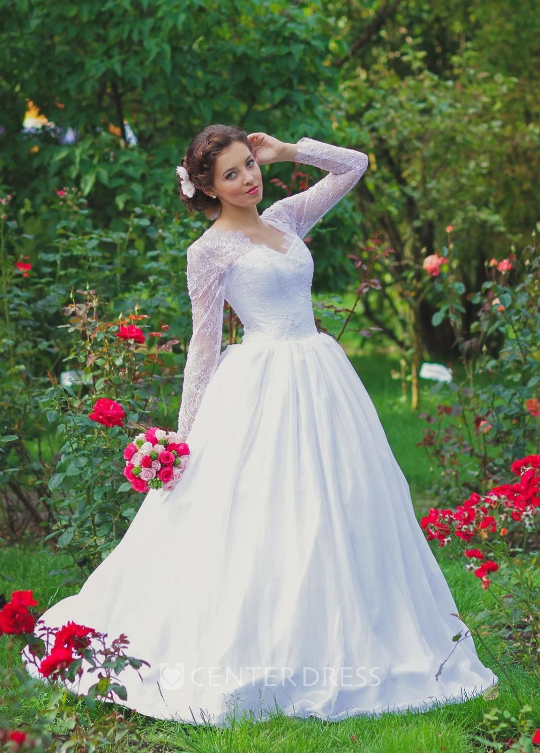 Vintage Inspired Long Lace Sleeves Tulle Wedding Dress With Lace Corset