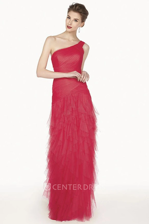 One Shoulder Sheath Tiered Tulle Long Prom Dress With Criss Cross Bandage