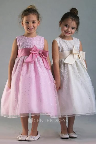 Tea-Length Tiered Bowed Tulle&Satin Flower Girl Dress With Split Front