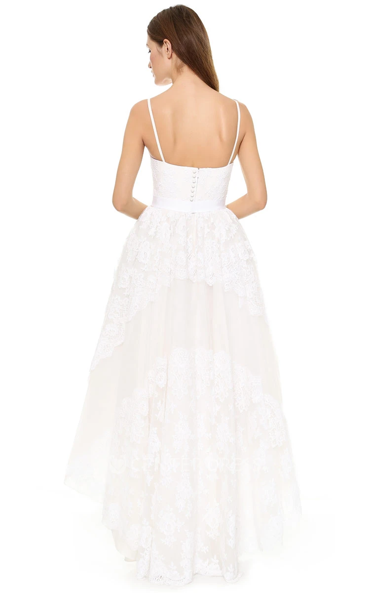 Spaghetti A-line Lace Knee-length Dress With High-low Style