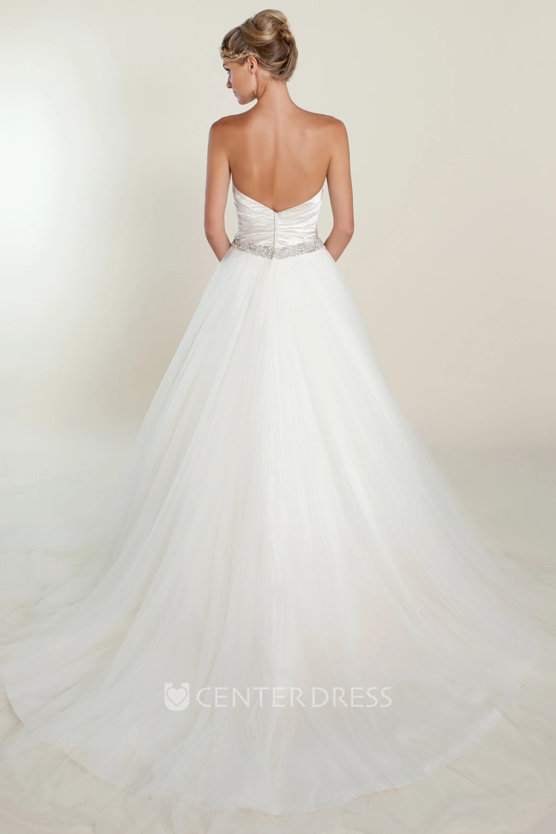 Ball Gown Sweetheart Long Jeweled Tulle&Satin Wedding Dress With Criss Cross And Pleats