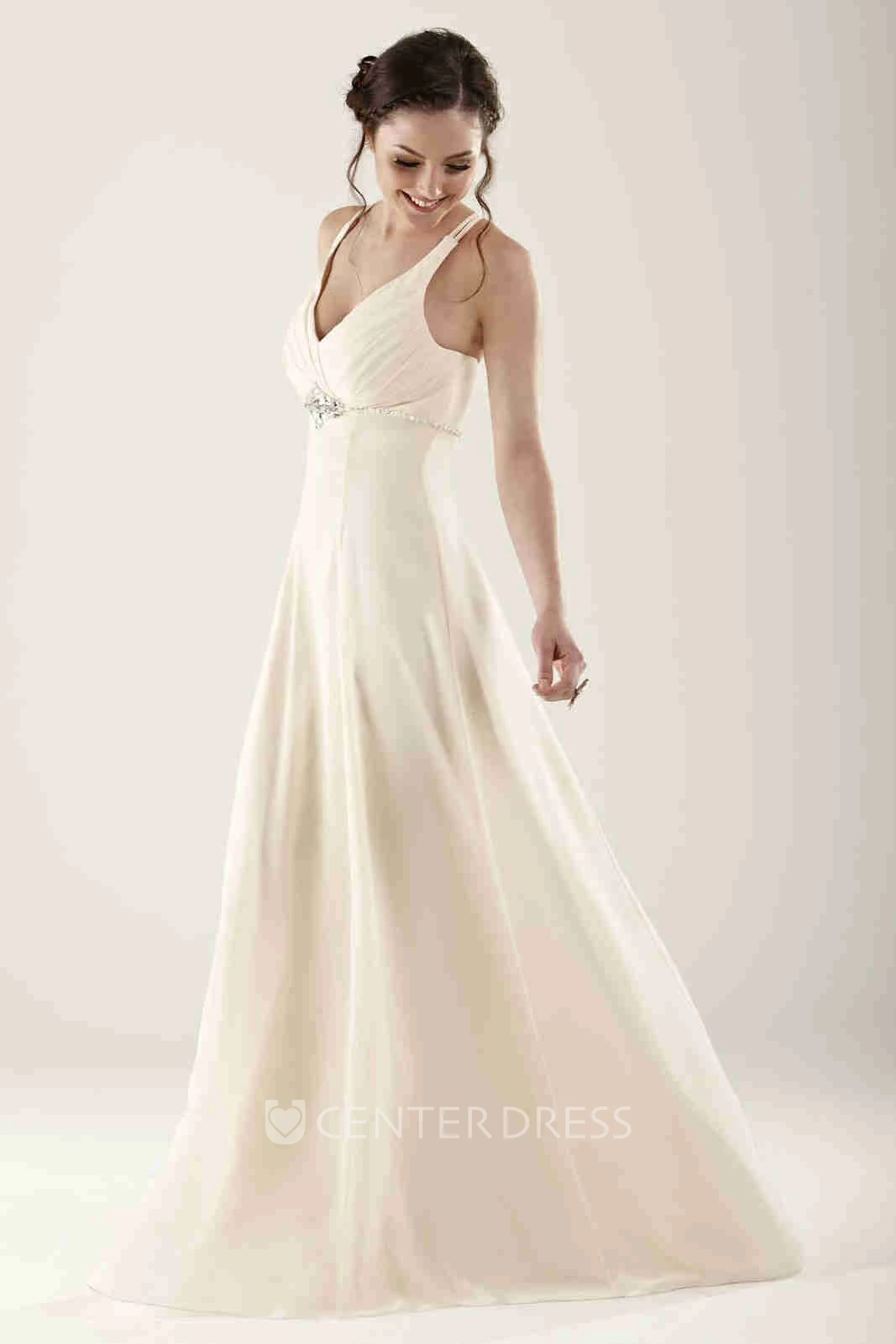 Empire Jeweled Sleeveless V-Neck Chiffon Bridesmaid Dress With Ruching
