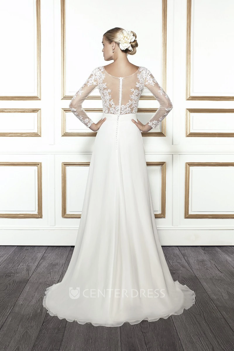 Scoop Floor-Length Long-Sleeve Appliqued Chiffon Wedding Dress