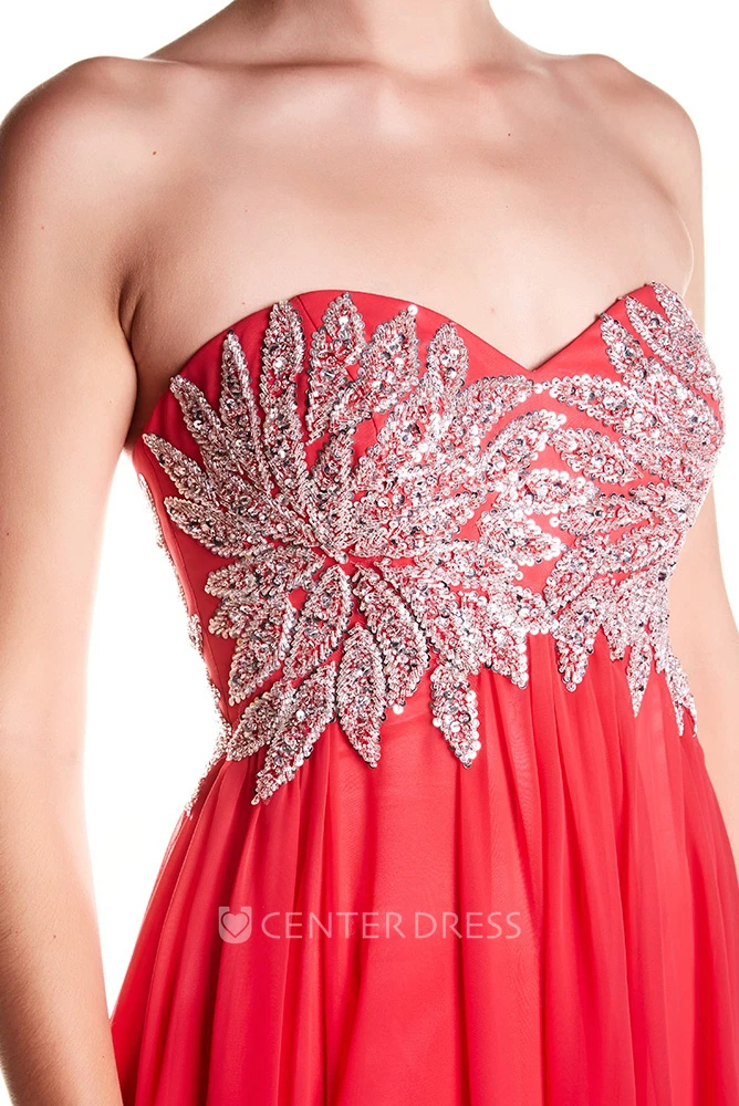 A-Line Crystal Sweetheart Floor-Length Sleeveless Chiffon Prom Dress With Lace-Up Back And Pleats