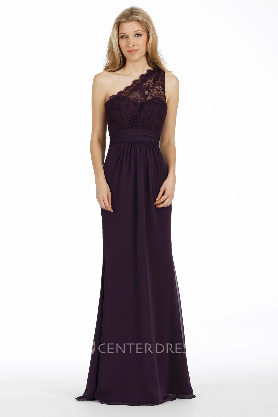 Floor-Length Sheath One-Shoulder Sleeveless Lace Chiffon Bridesmaid Dress