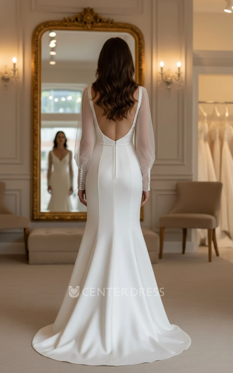Mermaid Elegant Open Back Square Neck Satin Spring Wedding Dress with Illusion Long Sleeve