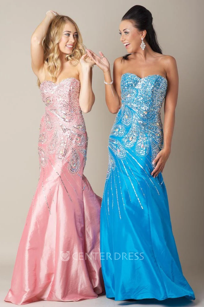 Floor-Length Beaded Sweetheart Sleeveless Taffeta Prom Dress