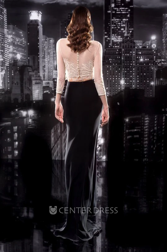 Pencil Bateau Long Sleeve Jersey Illusion Dress With Lace And Draping