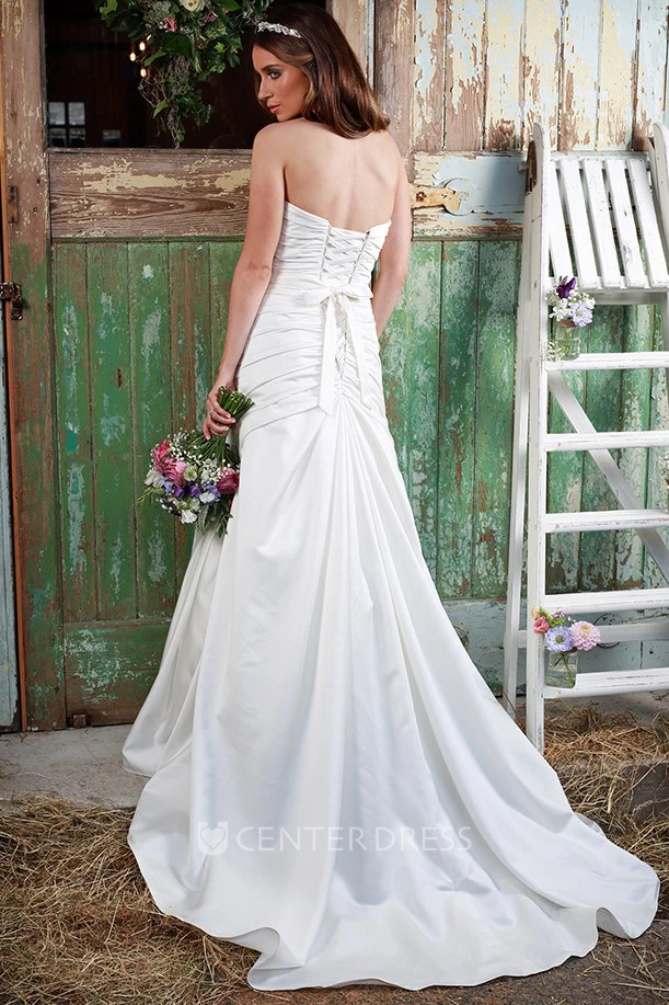 A-Line Long Side-Draped Sleeveless Sweetheart Satin Spring Wedding Dress With Waist Jewellery