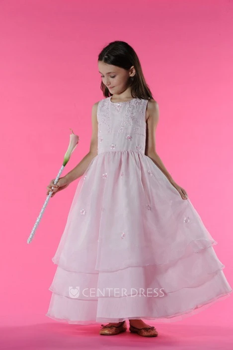 Flower Girl Scoop Neck A-line Layered Tulle Long Dress With Embroidery