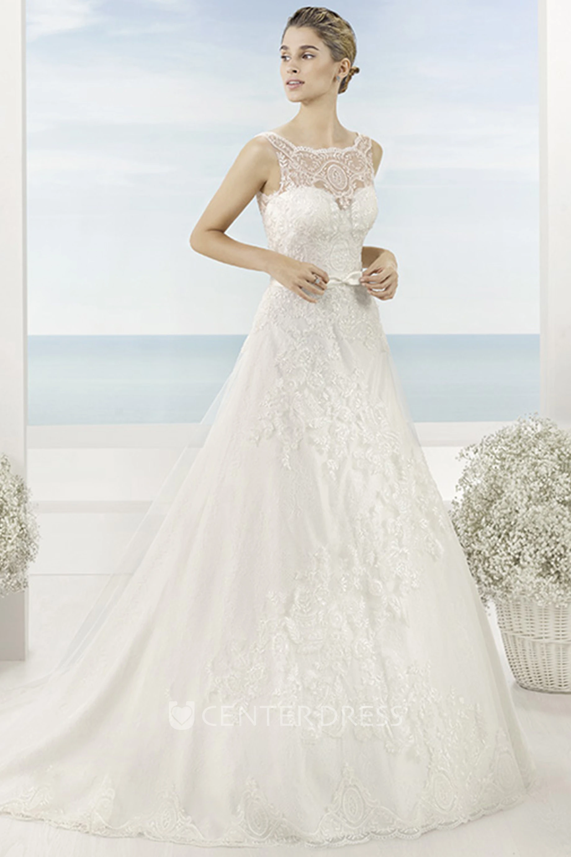 A-Line Sleeveless Bateau Appliqued Maxi Lace&Satin Wedding Dress With Chapel Train And Deep-V Back