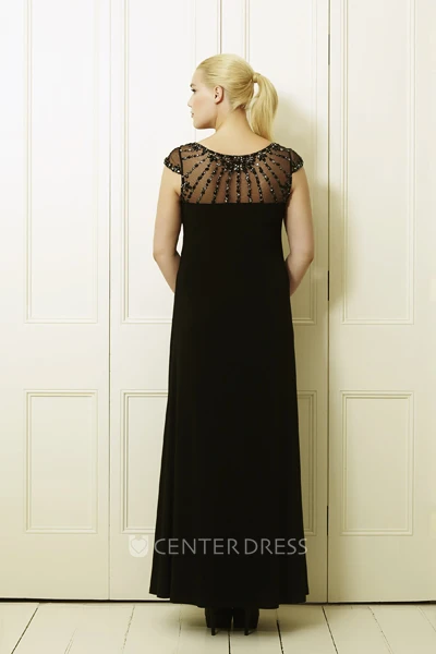 Scoop-Neck Beaded Short-Sleeve Ankle-Length Chiffon Plus Size Prom Dress With Split Front