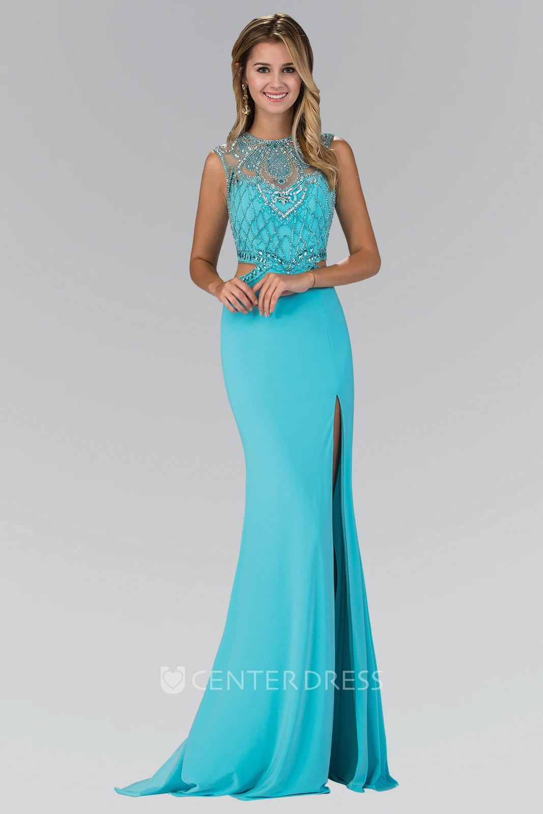 Sheath Jewel-Neck Sleeveless Jersey Illusion Dress With Beading And Split Front