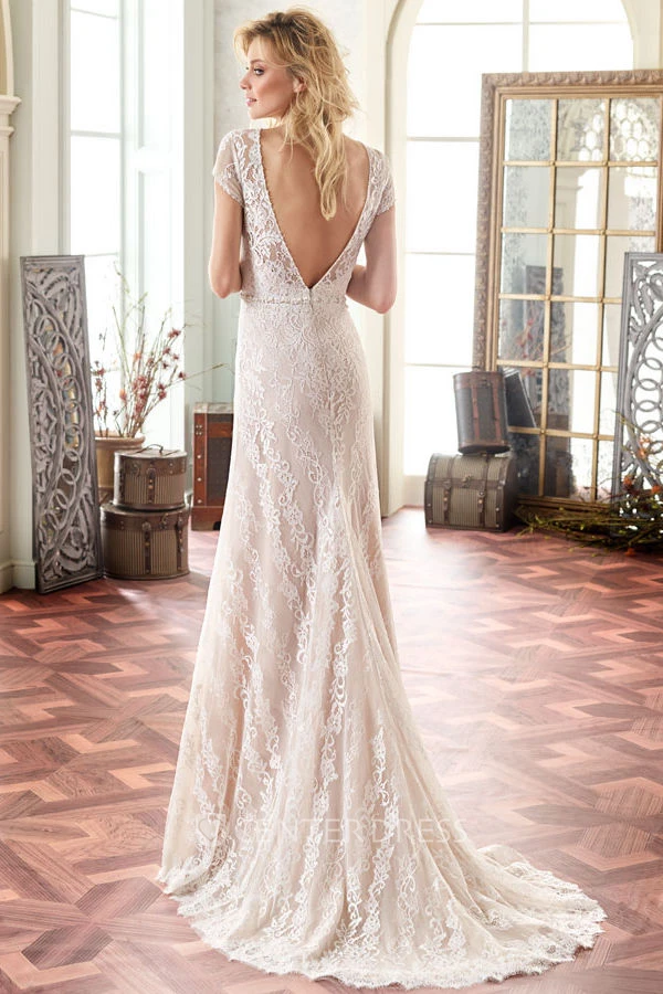 Maxi Scoop Cap-Sleeve Jeweled Lace Wedding Dress With Sweep Train And V Back