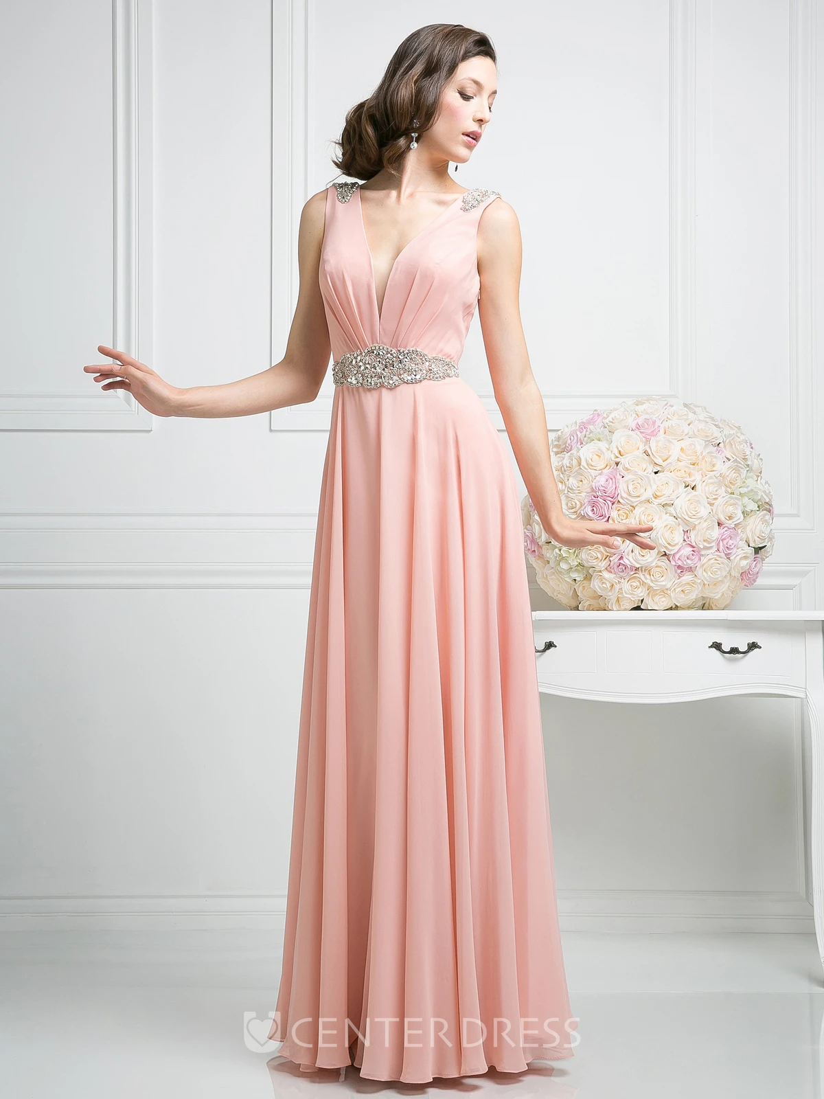 A-Line V-Neck Sleeveless Chiffon Low-V Back Dress With Waist Jewellery And Pleats