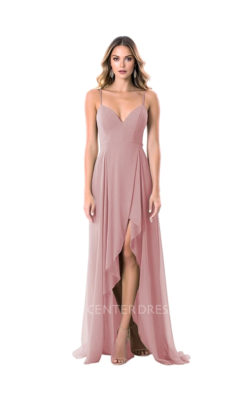 A-Line Chiffon Spaghetti V-neck Split Bridesmaid Dress Modern & Chic