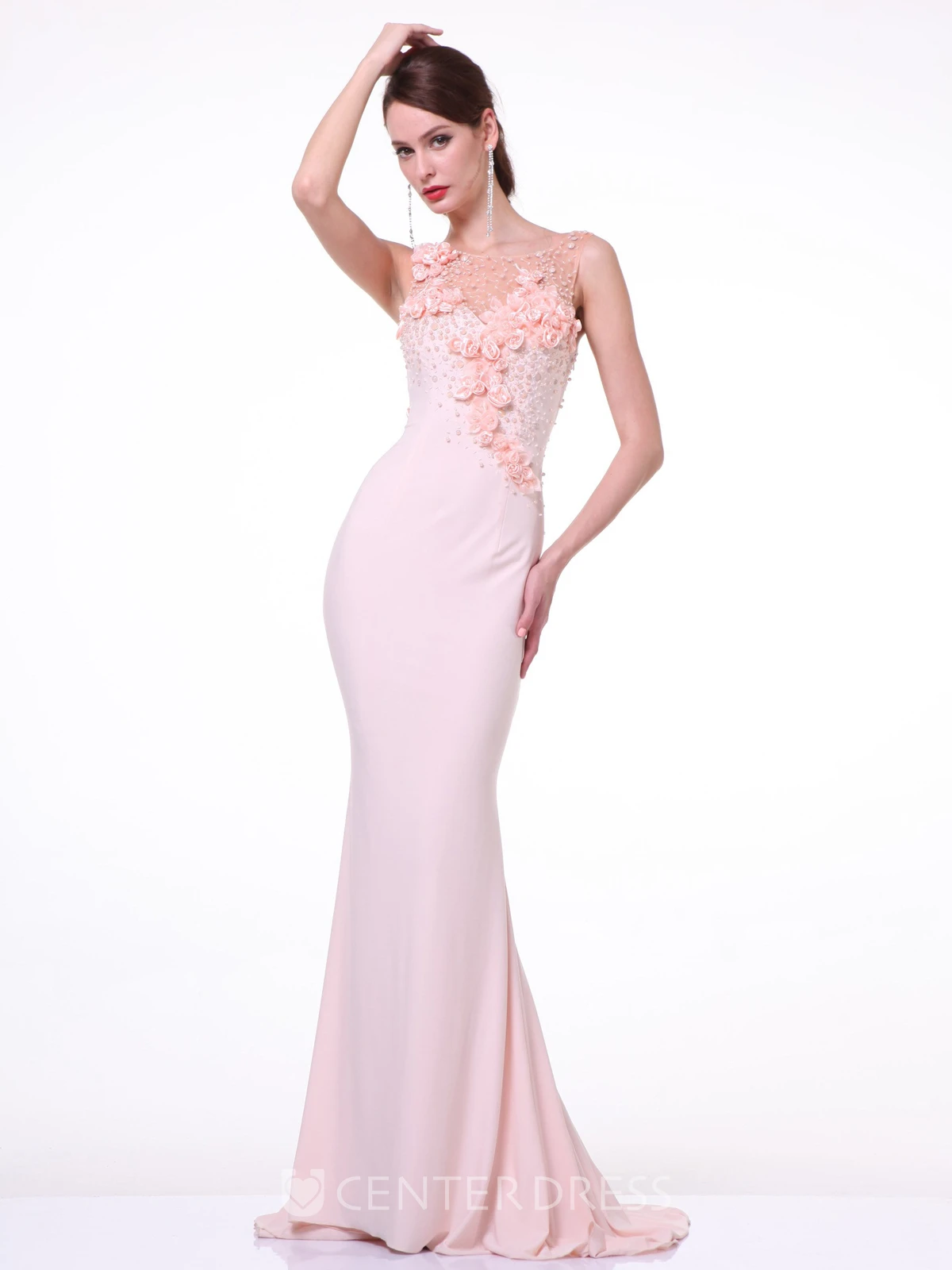 Sheath Maxi Jewel-Neck Sleeveless Jersey Illusion Dress With Flower And Beading