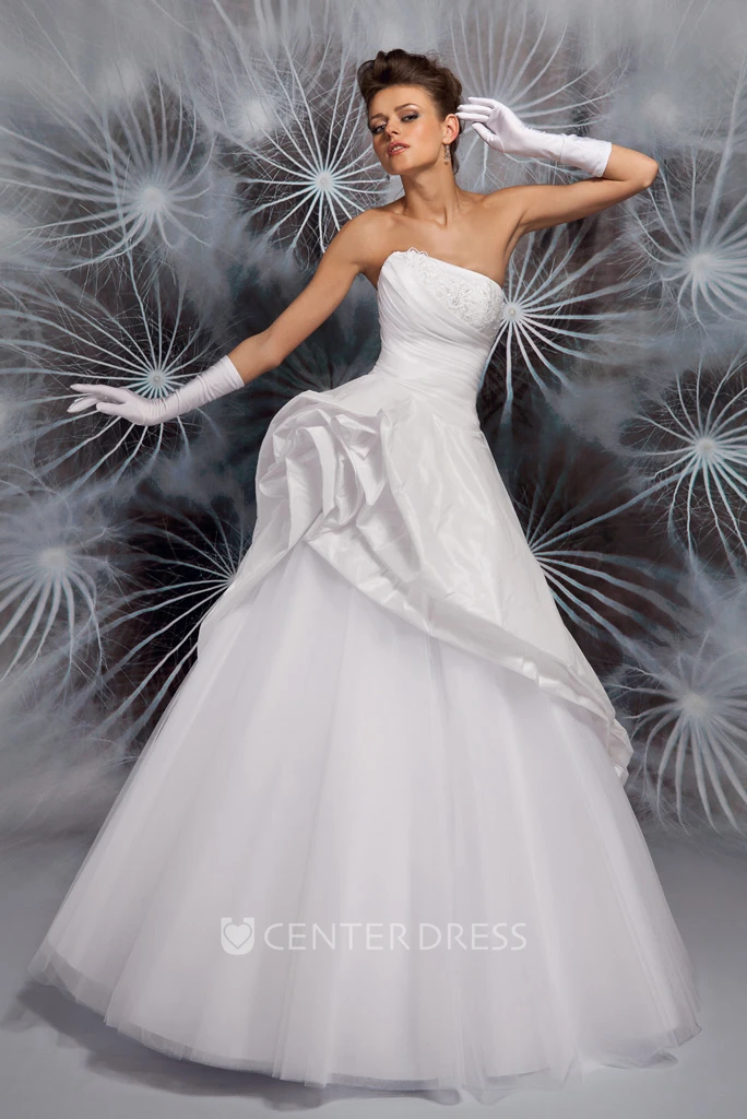 A-Line Ruched Long Sleeveless Strapless Wedding Dress With Pick Up