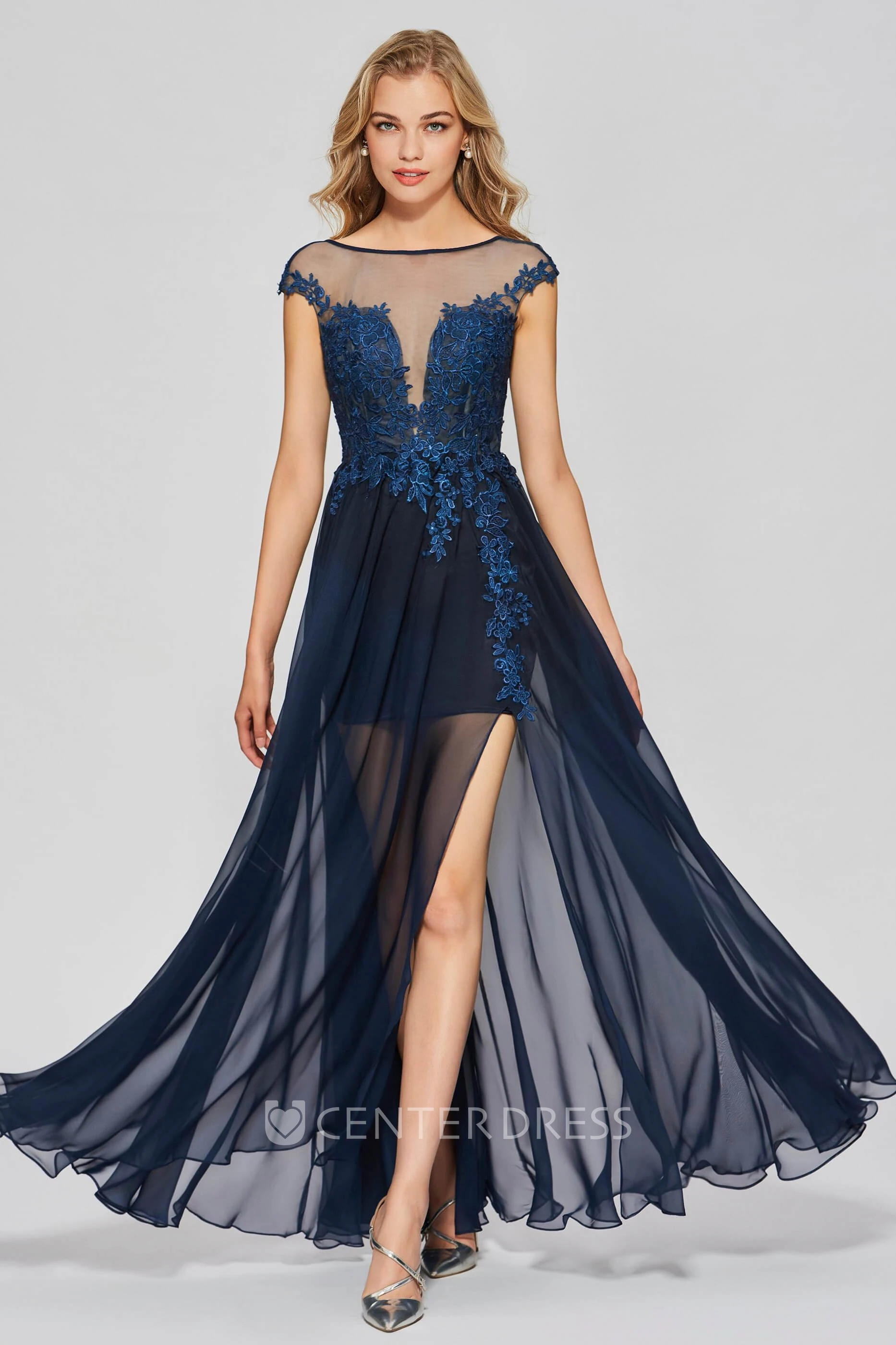 Lace Appliqued A-line Sexy Split Front Bateau Chiffon Gown With Deep V-back