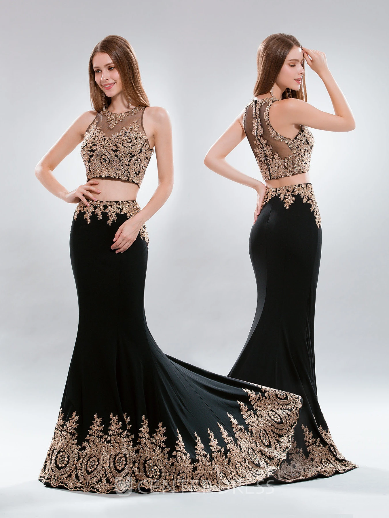 Two-Piece Sheath Long Jewel-Neck Sleeveless Jersey Illusion Dress With Appliques