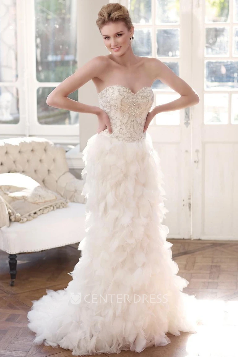 Sheath Beaded Sweetheart Tulle Wedding Dress With Cascading Ruffles And Lace Up