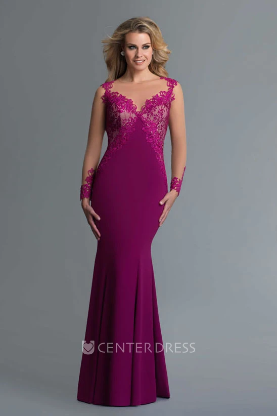 Sheath Scoop-Neck Long Sleeve Jersey Lace Keyhole Dress