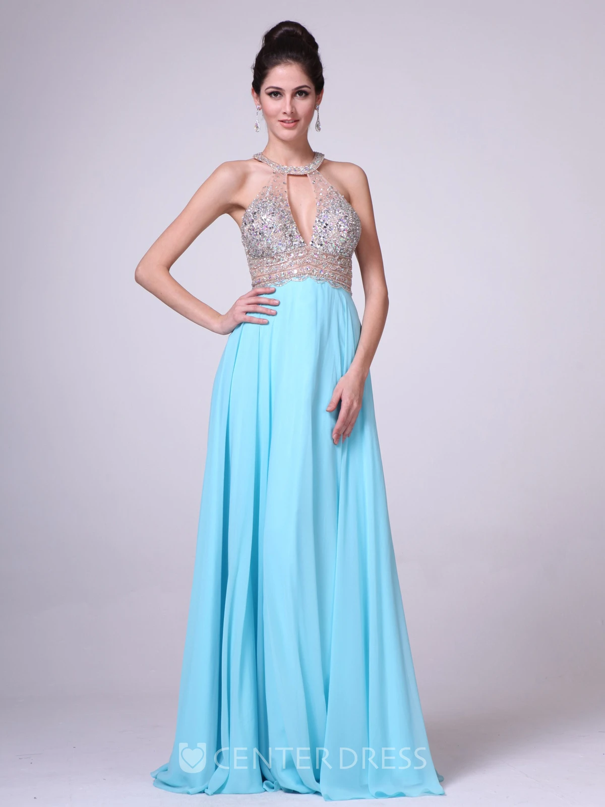A-Line Scoop-Neck Sleeveless Empire Chiffon Keyhole Dress With Beading
