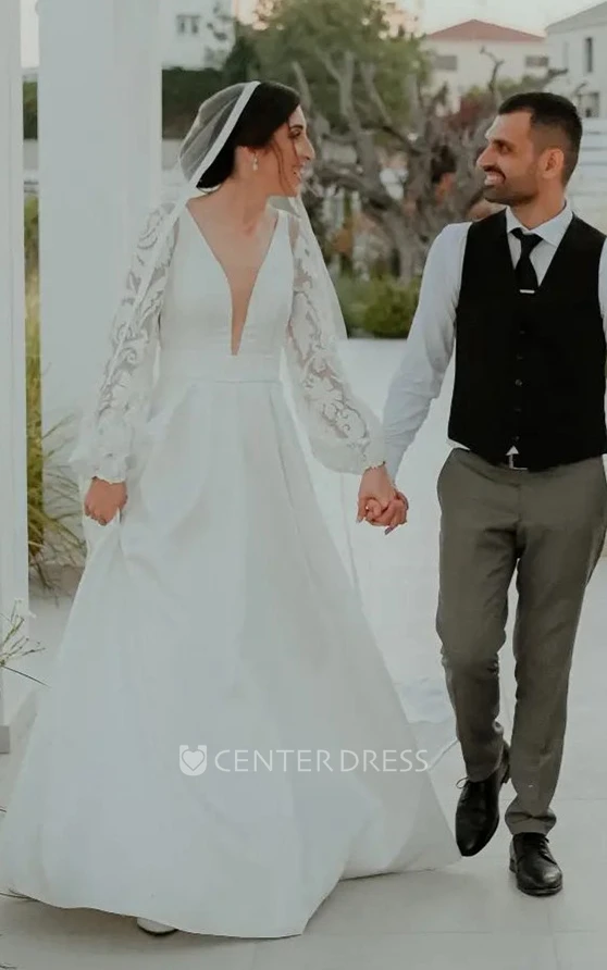 Gorgeous A Line Plunging Neckline Sweep Train Satin Wedding Dress